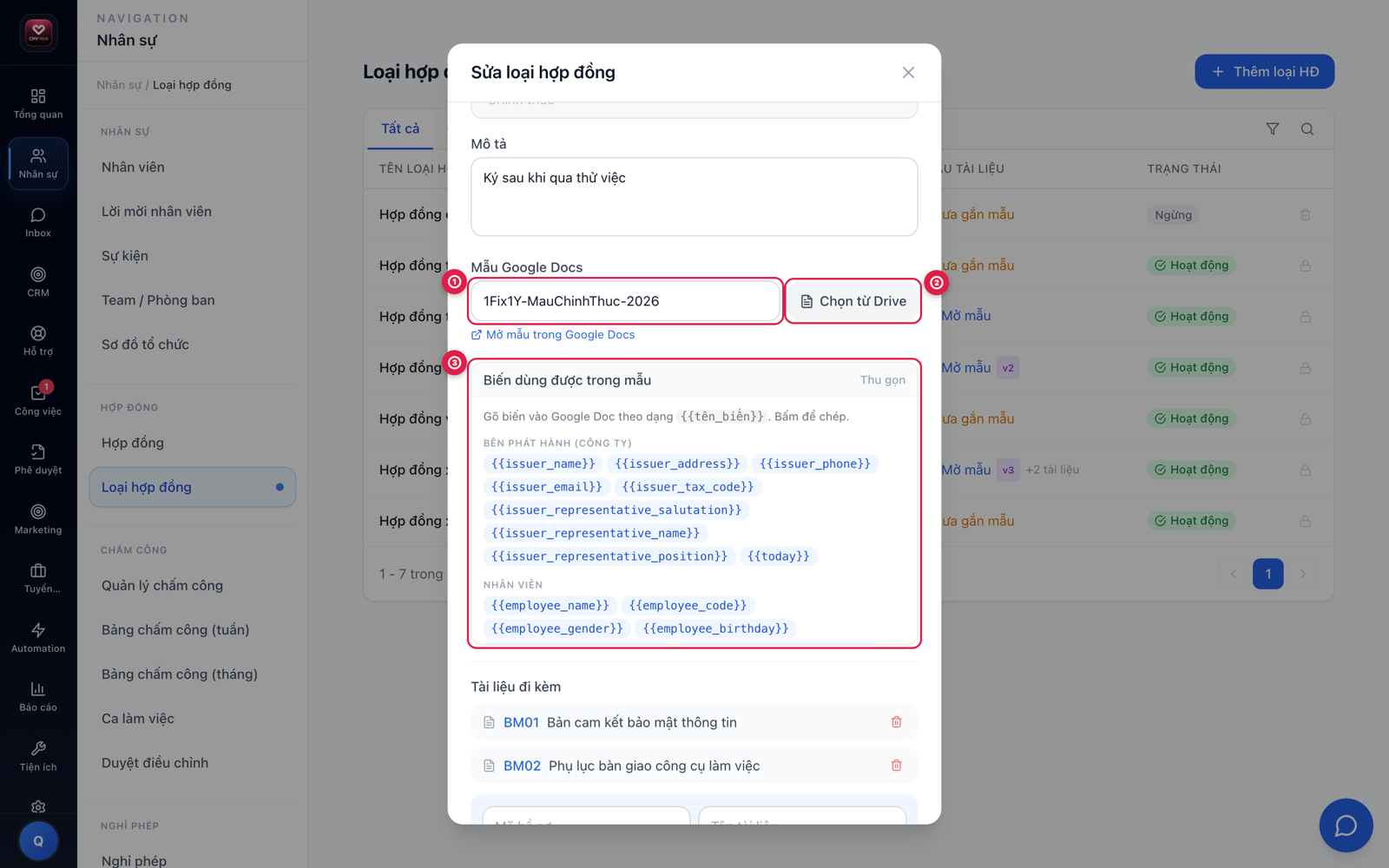 Gắn mẫu Google Docs cho loại hợp đồng