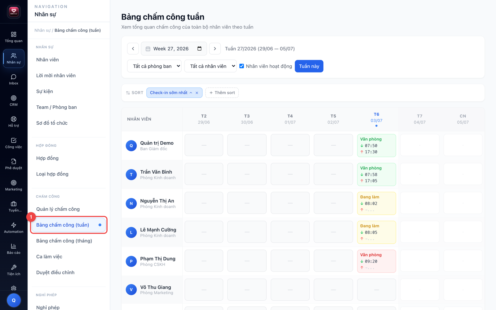 Bảng chấm công tuần