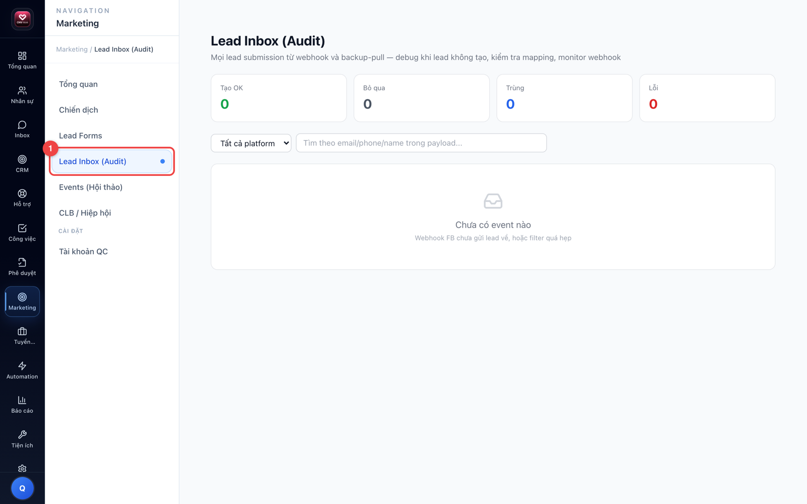 Lead Inbox — nhật ký lead đổ về