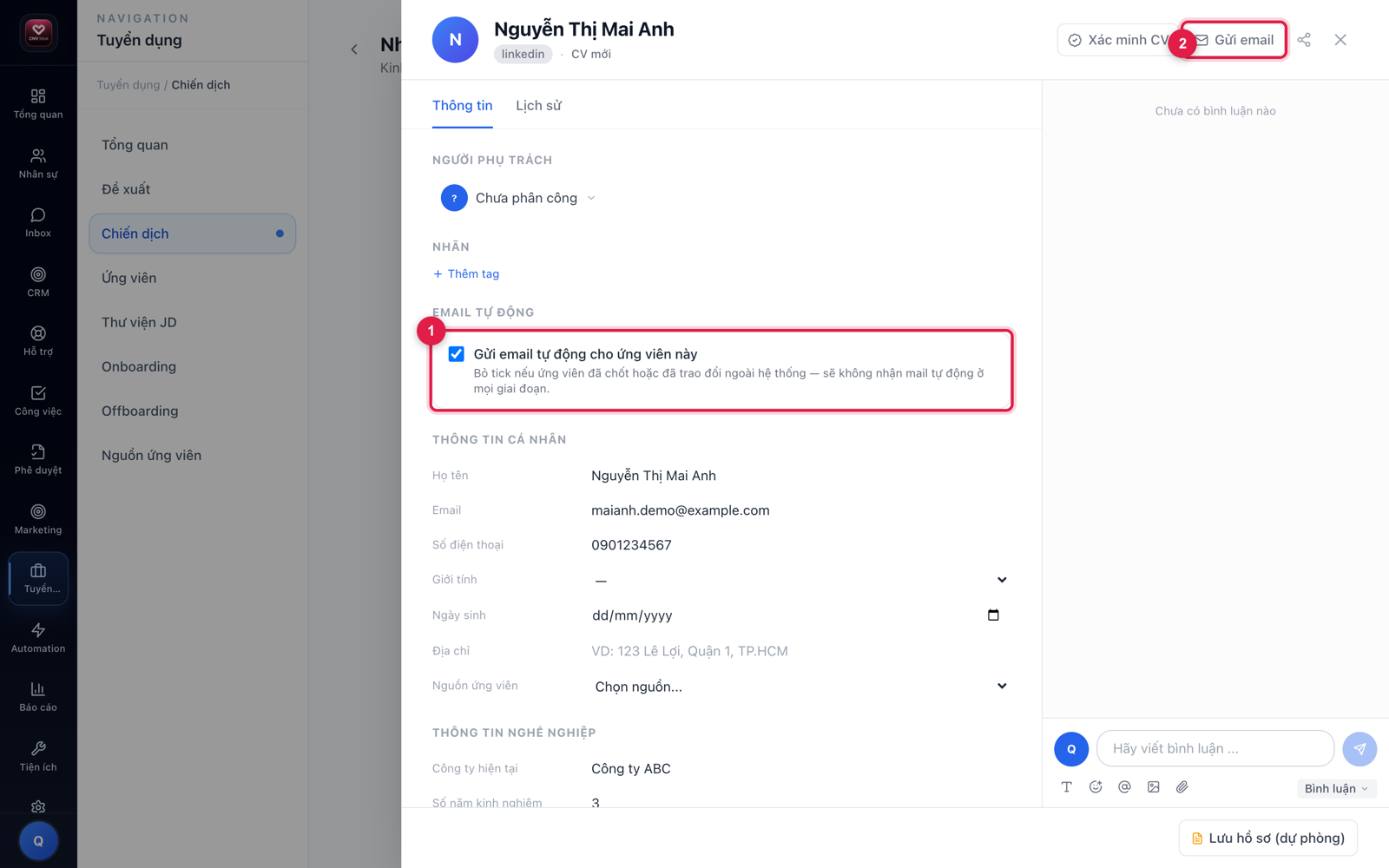 Tắt email tự động cho một ứng viên