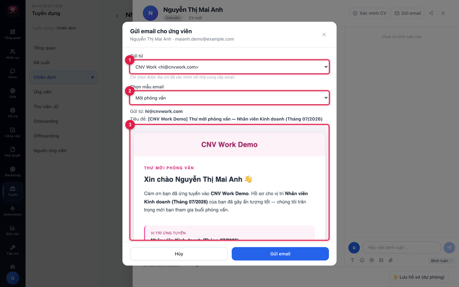 Hộp thoại gửi email cho ứng viên