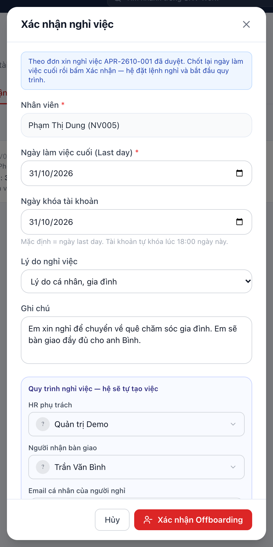 Xác nhận nghỉ việc