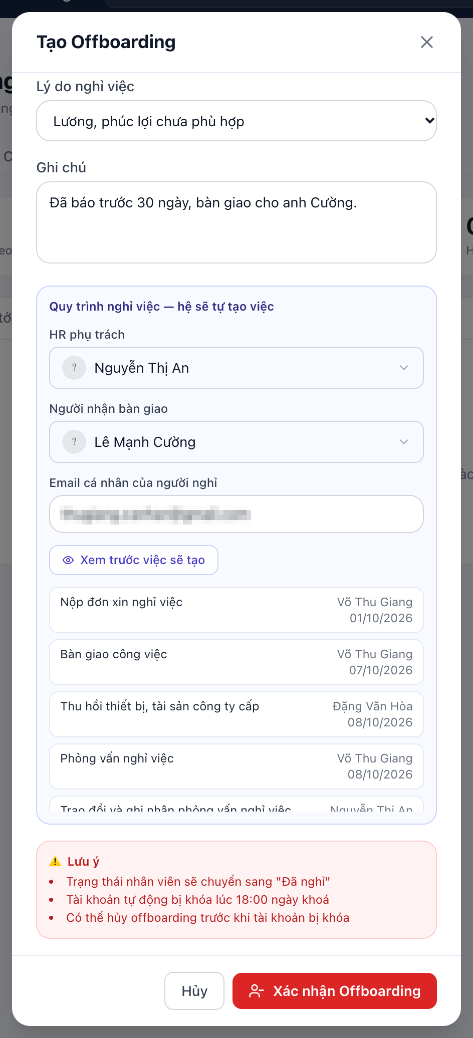 Tạo Offboarding