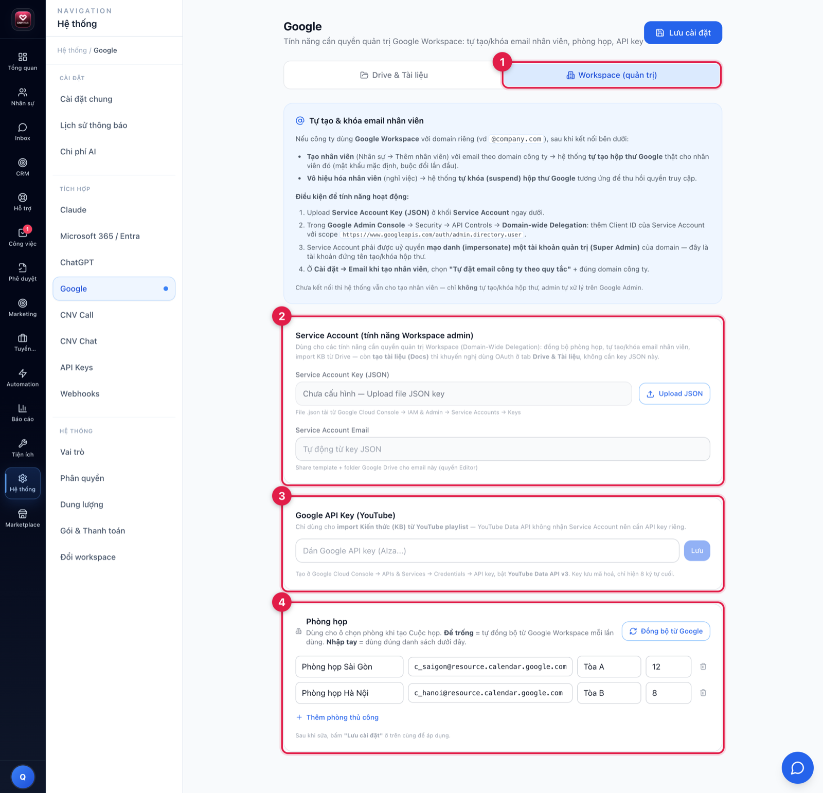 Tab Workspace quản trị trong trang Google