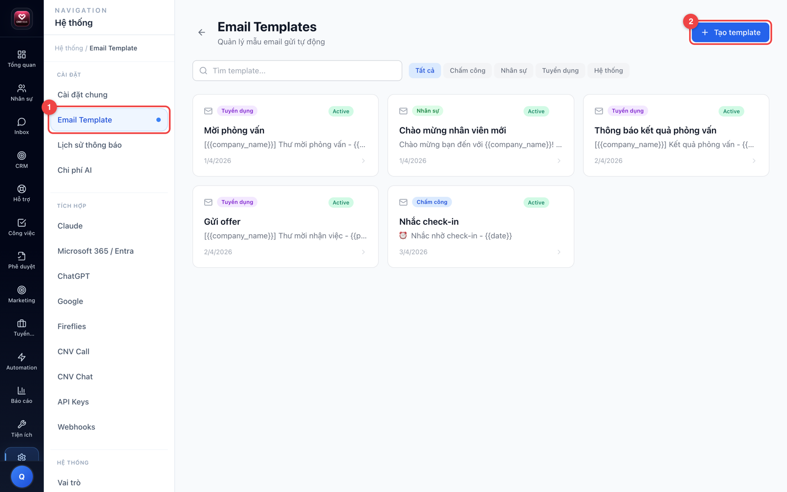 Danh sách mẫu email hệ thống